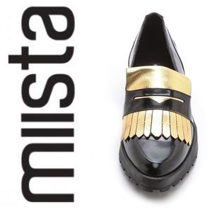 NWOT MIISTA Randi Two Tone Loafers Black Gold Size 38